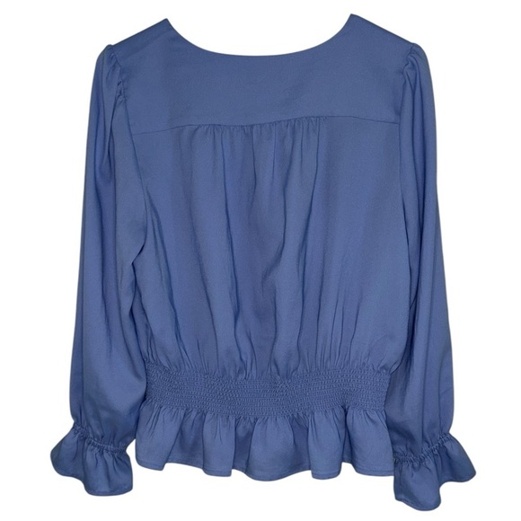 Ann Taylor Petite Peplum Blouse Ruffle Sleeve Womens Size LP Blue Career Office - Picture 2 of 7